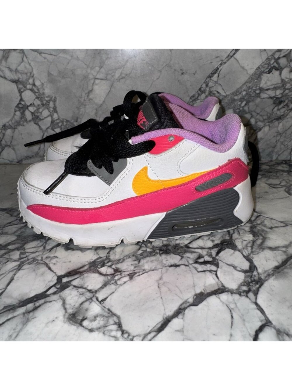 Nike Air Max 90 Leather PS White Hyper Pink Orange Kids Size 10C Sneaker